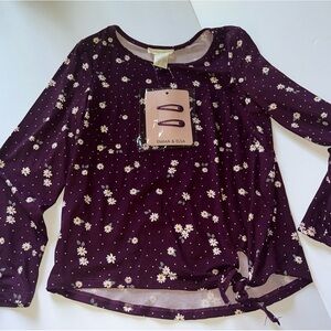 Emma & Elsa Size L 14 Long Sleeve Floral Burgandy Blouse With Hair Clip